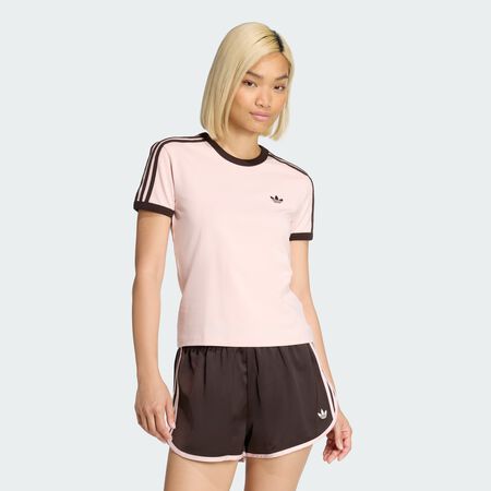 ADIDAS ORIGINALS TEE SHIRT SLIM 3 STRIPES ROSA/MARRONE DONNA