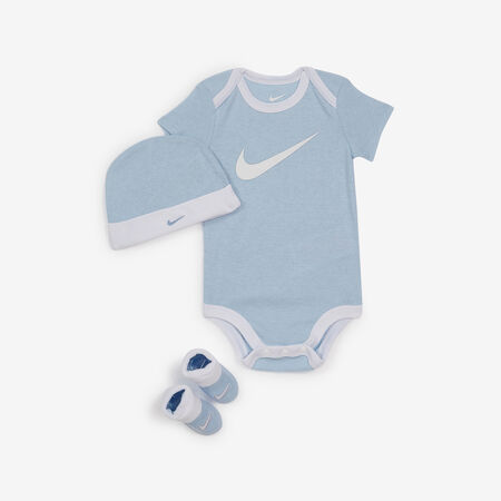 NIKE 3 PC SET BODYSUIT HAT BOOTIE SWOOSH BLU/BIANCO NEONATO
